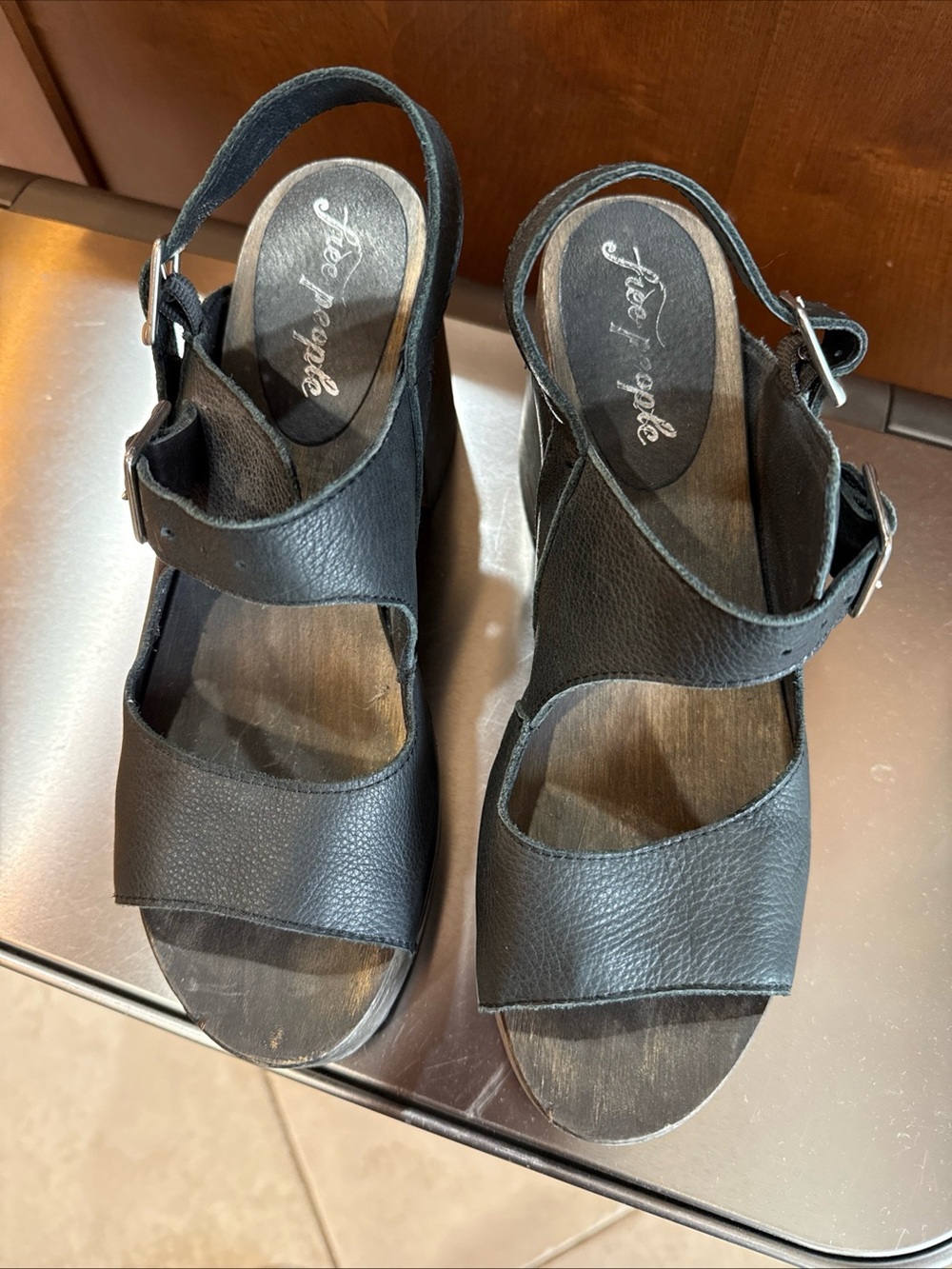Free People Black Leather Strappy Platform Sandals